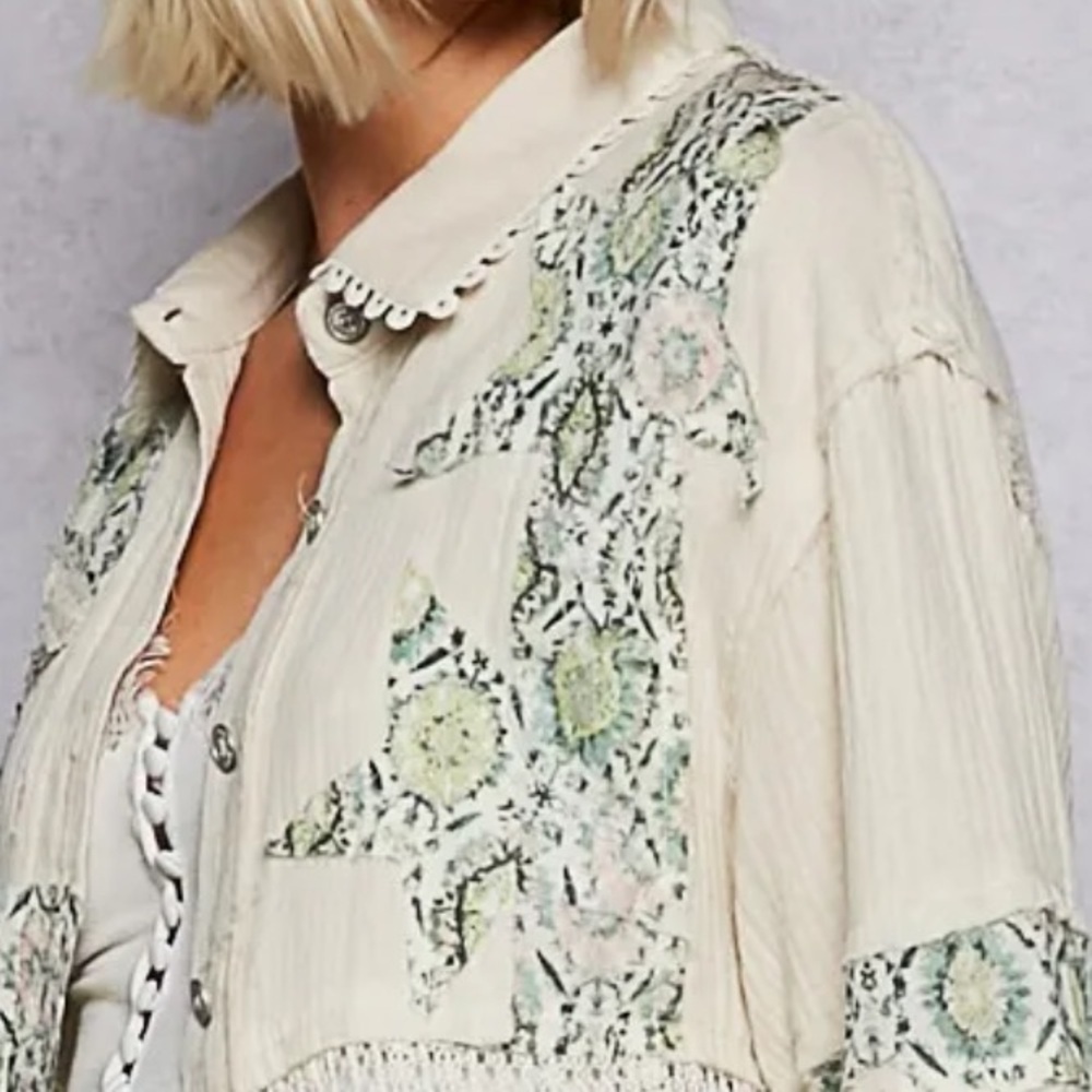 POL. π Cream and Green Patchwork Button-Up Shacket With Mesh Detailing - Picture 4 of 4